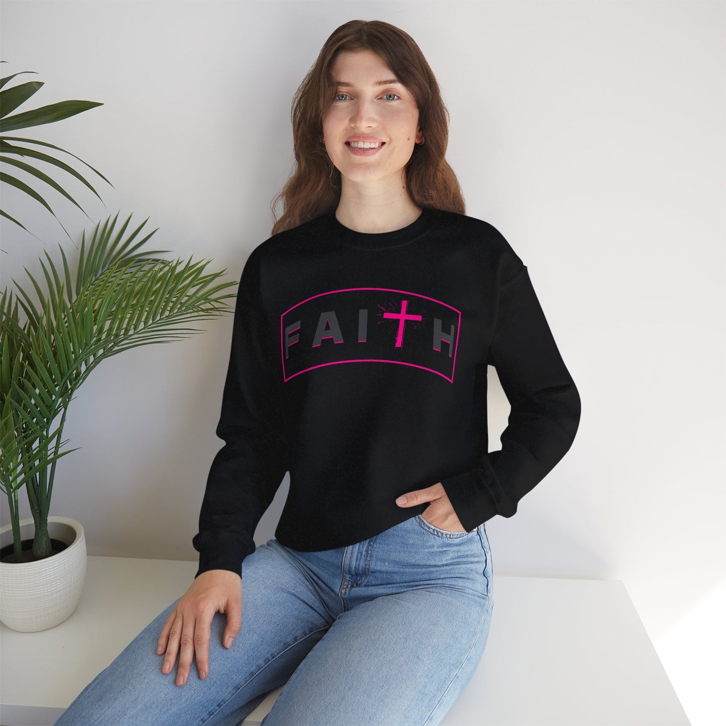 Faith Crewneck Sweatshirt — Pink Cross Graphic Christian Pullover