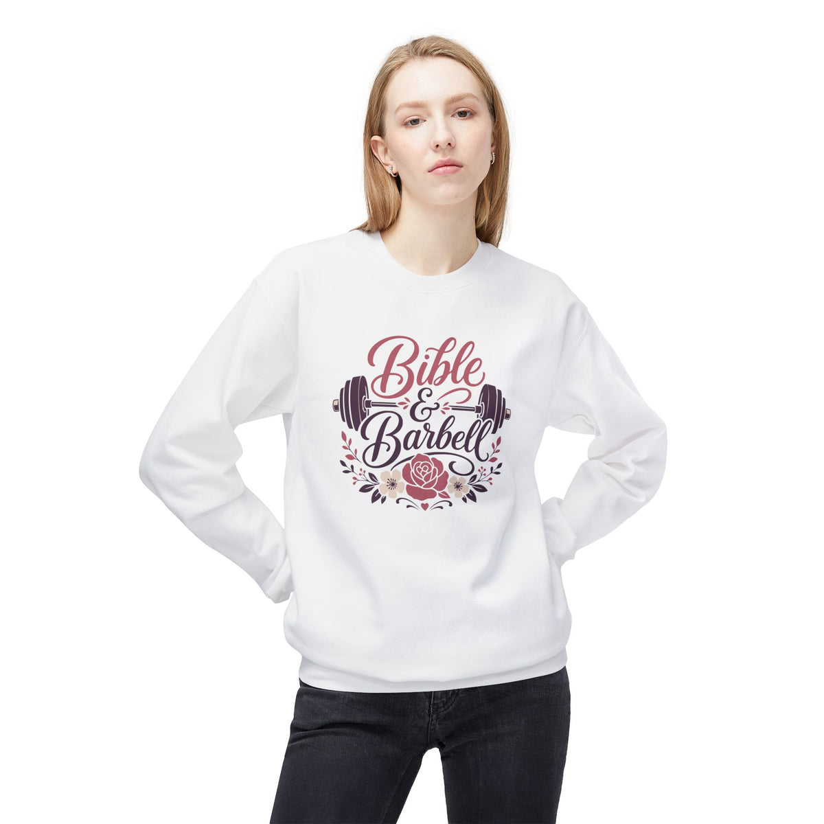 Bible & Barbell Crewneck Sweatshirt — Christian Fitness Floral Gym Pullover