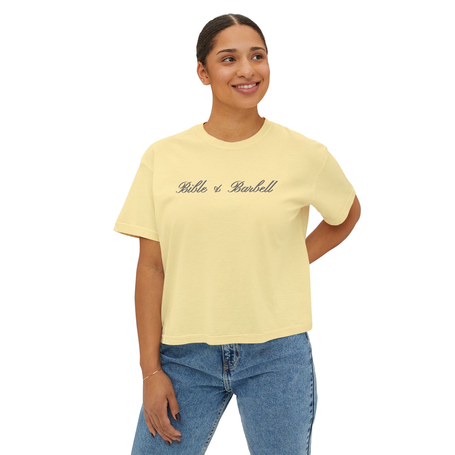 Remember, You Are: Bible & Barbell Women's Boxy Tee — Christian Cross Faith Graphic Shirt