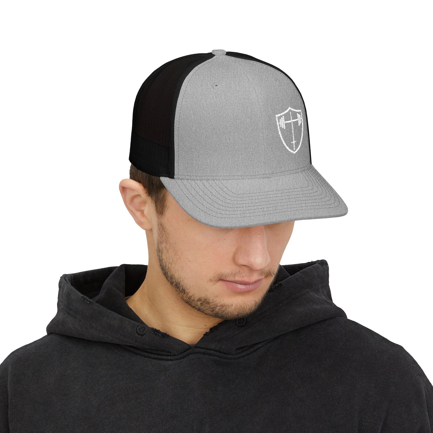 Bible & Barbell Shield & Cross Logo Trucker Cap — Christian Faith Snapback Hat
