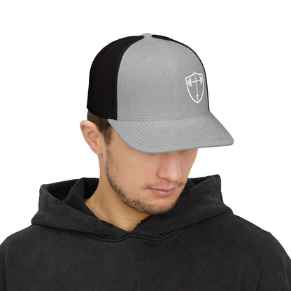 Bible & Barbell Shield & Cross Logo Trucker Cap — Christian Faith Snapback Hat