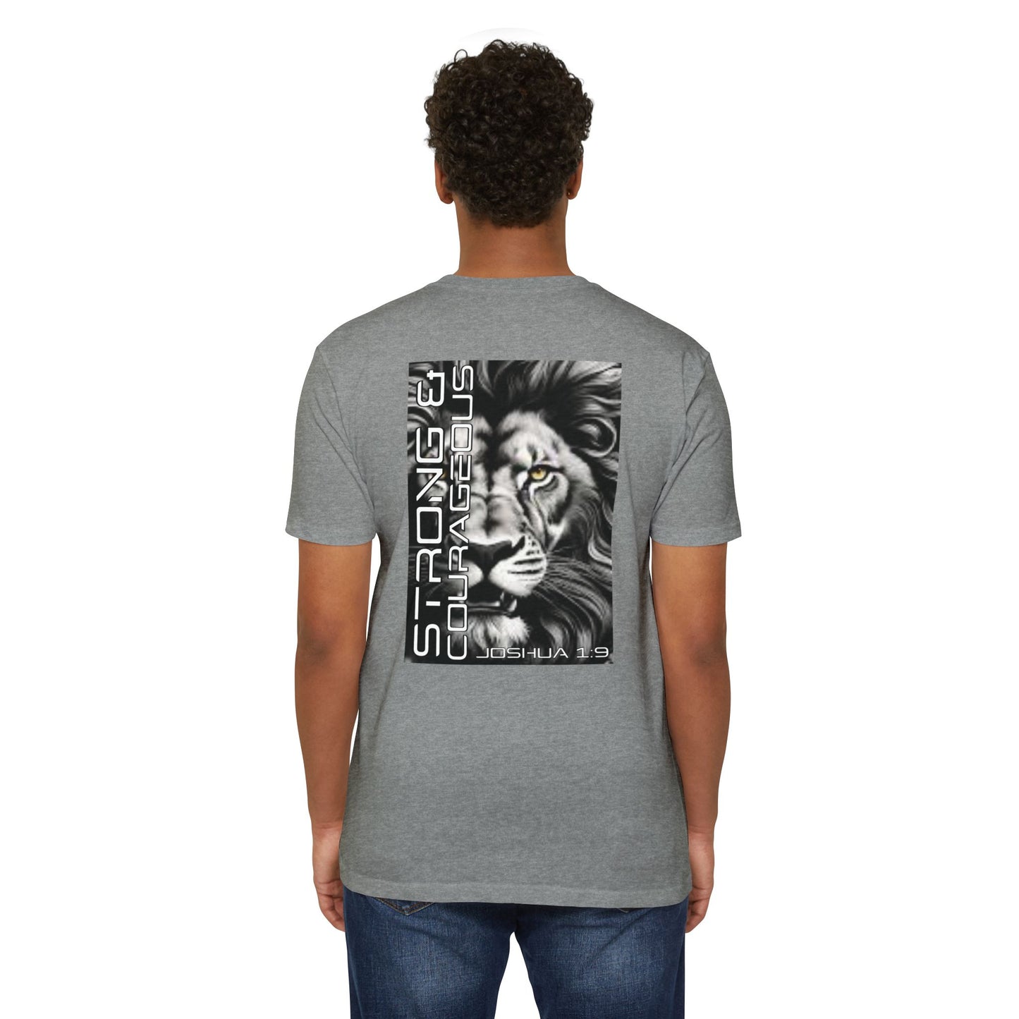 Strong & Courageous Lion Graphic T-Shirt, Joshua 1:9 Motivational Tee, Unisex Shirt, Strength Apparel, Gift for Him, Faith-Based Clothing
