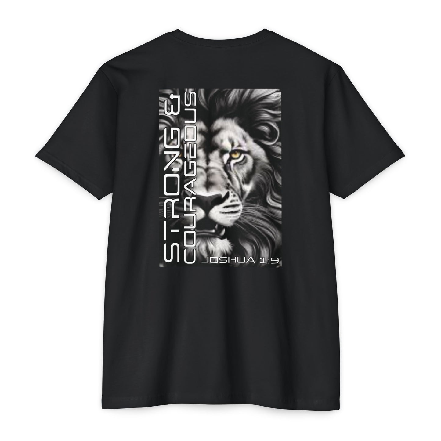 Strong & Courageous Lion Graphic T-Shirt, Joshua 1:9 Motivational Tee, Unisex Shirt, Strength Apparel, Gift for Him, Faith-Based Clothing
