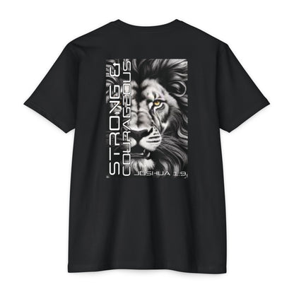 Strong & Courageous Lion Graphic T-Shirt, Joshua 1:9 Motivational Tee, Unisex Shirt, Strength Apparel, Gift for Him, Faith-Based Clothing