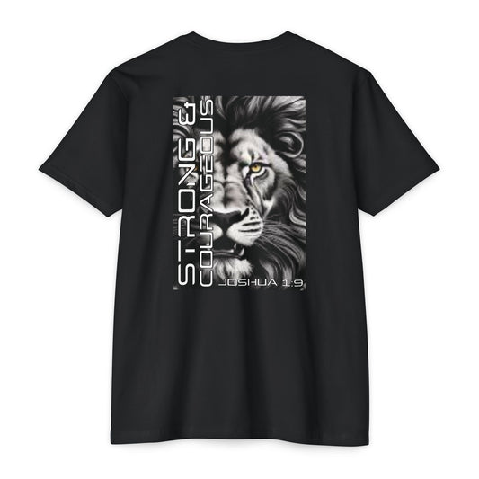 Strong & Courageous Lion Graphic T-Shirt, Joshua 1:9 Motivational Tee, Unisex Shirt, Strength Apparel, Gift for Him, Faith-Based Clothing