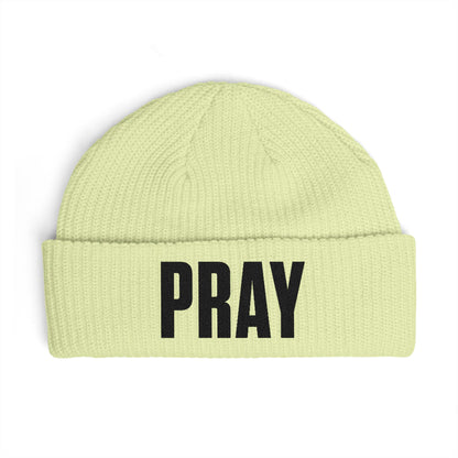 PRAY Cuff Beanie — Knit Prayer Beanie Hat (Embroidered Text)