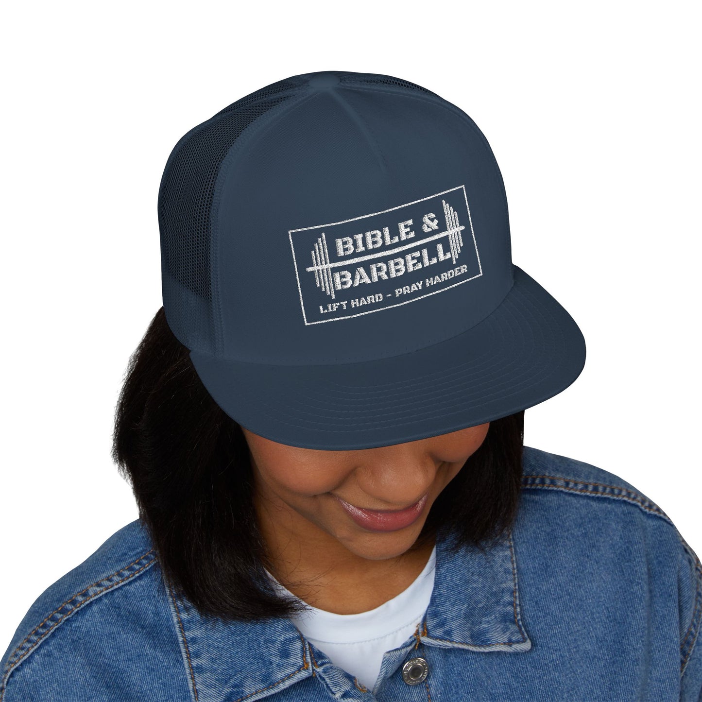 Bible & Barbell White Boxed Logo 5 Panel Trucker Cap