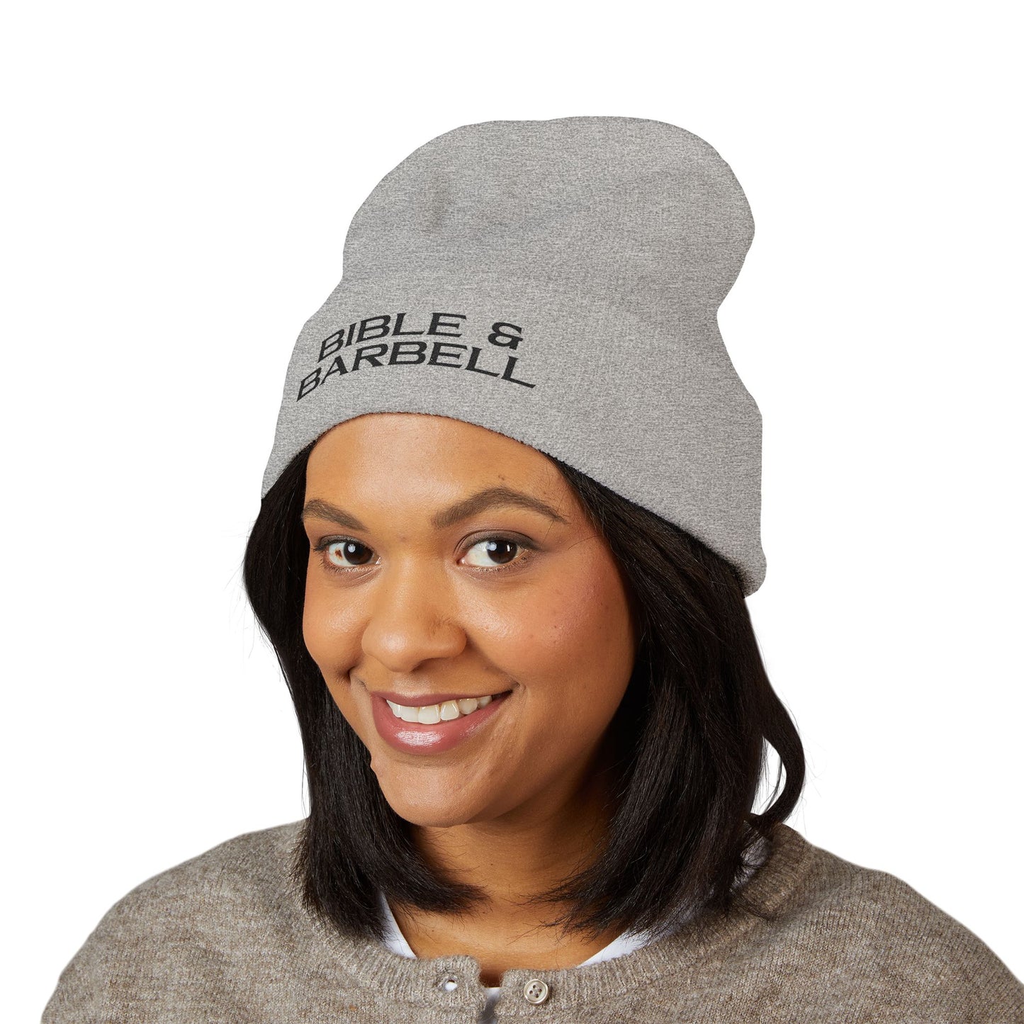 Bible & Barbell Cuffed Beanie — Embroidered Christian Fitness Knit Hat