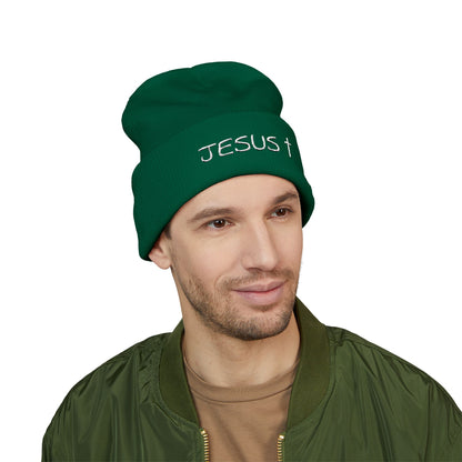 Jesus Embroidered Cuffed Beanie – Christian Faith Knit Hat