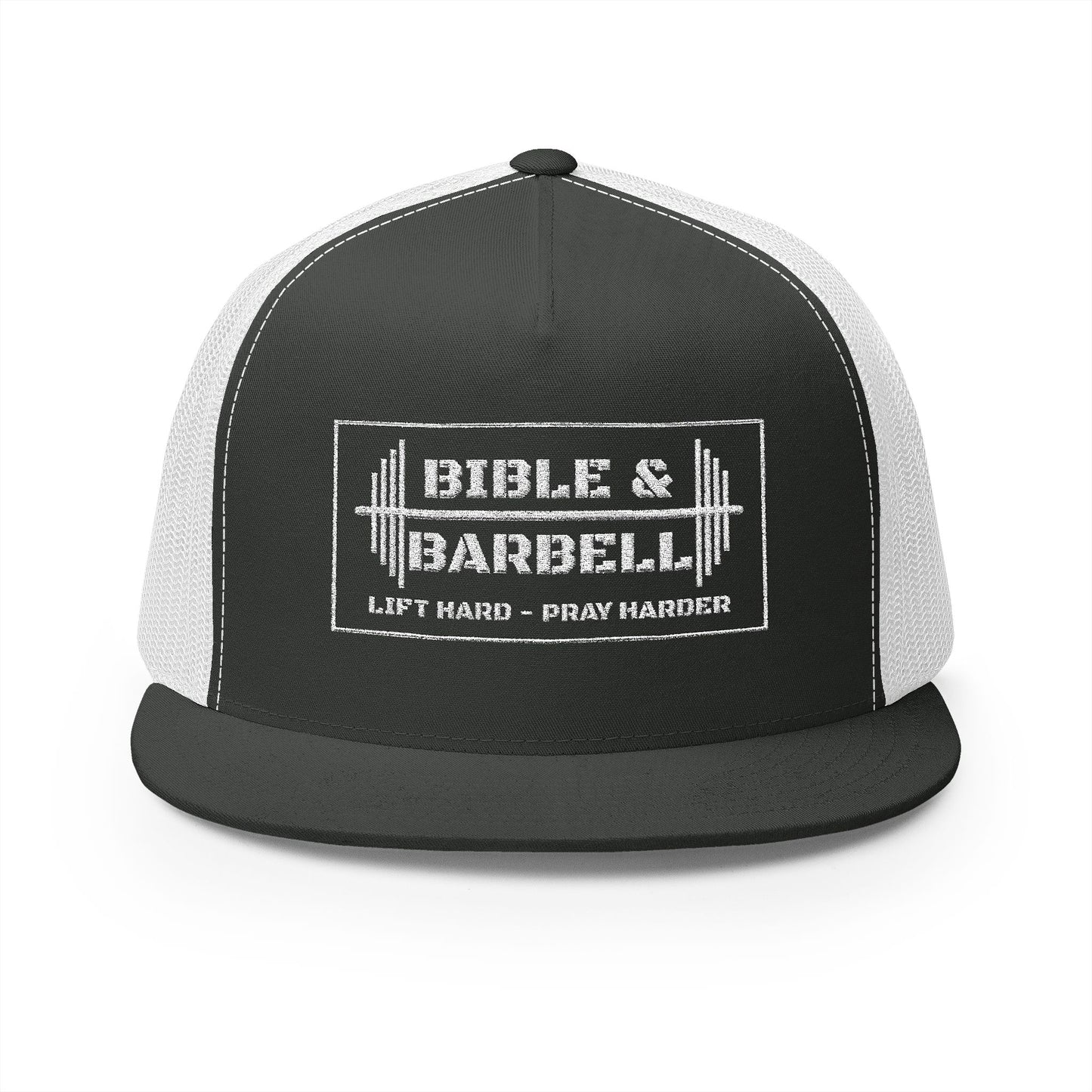 Bible & Barbell White Boxed Logo 5 Panel Trucker Cap
