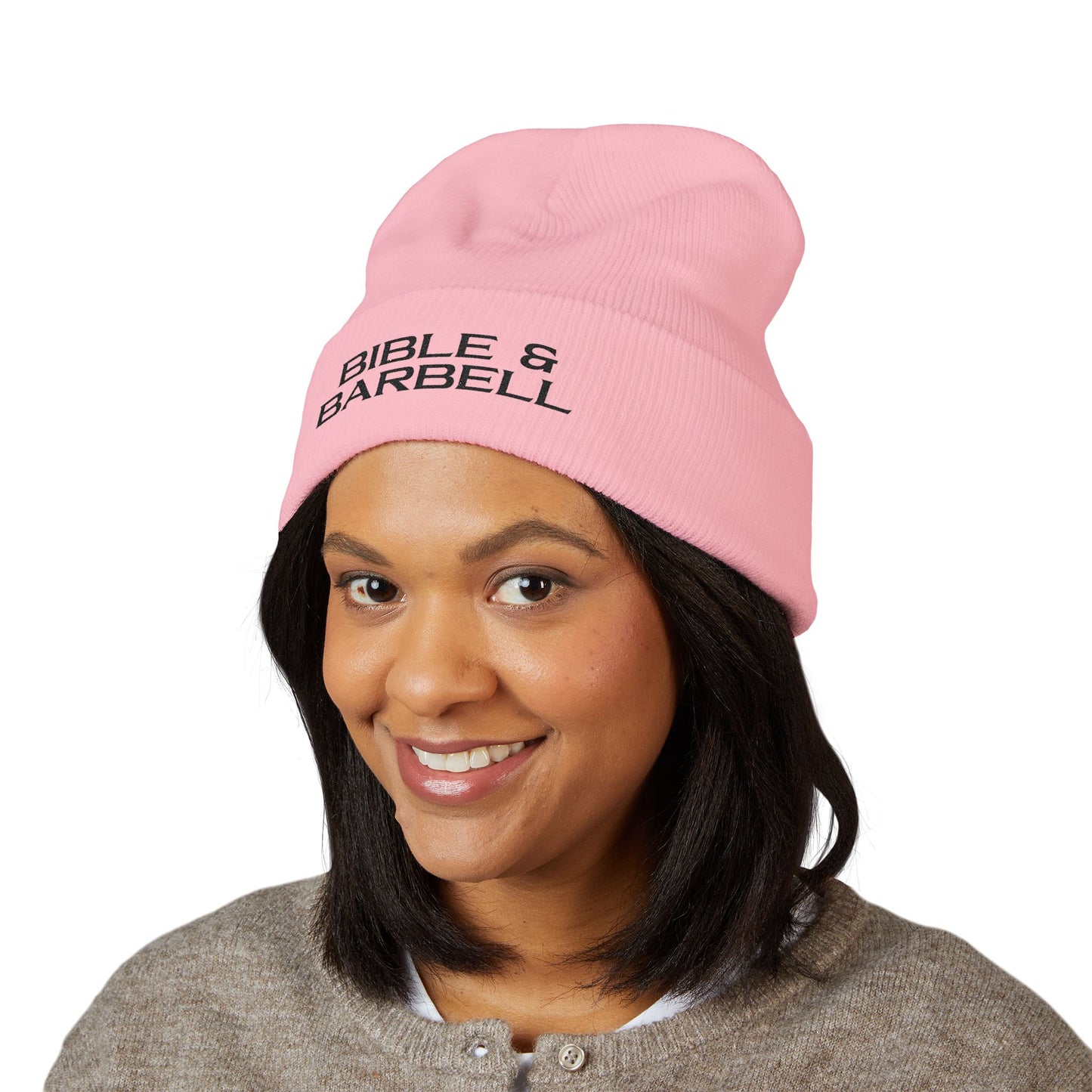 Bible & Barbell Cuffed Beanie — Embroidered Christian Fitness Knit Hat