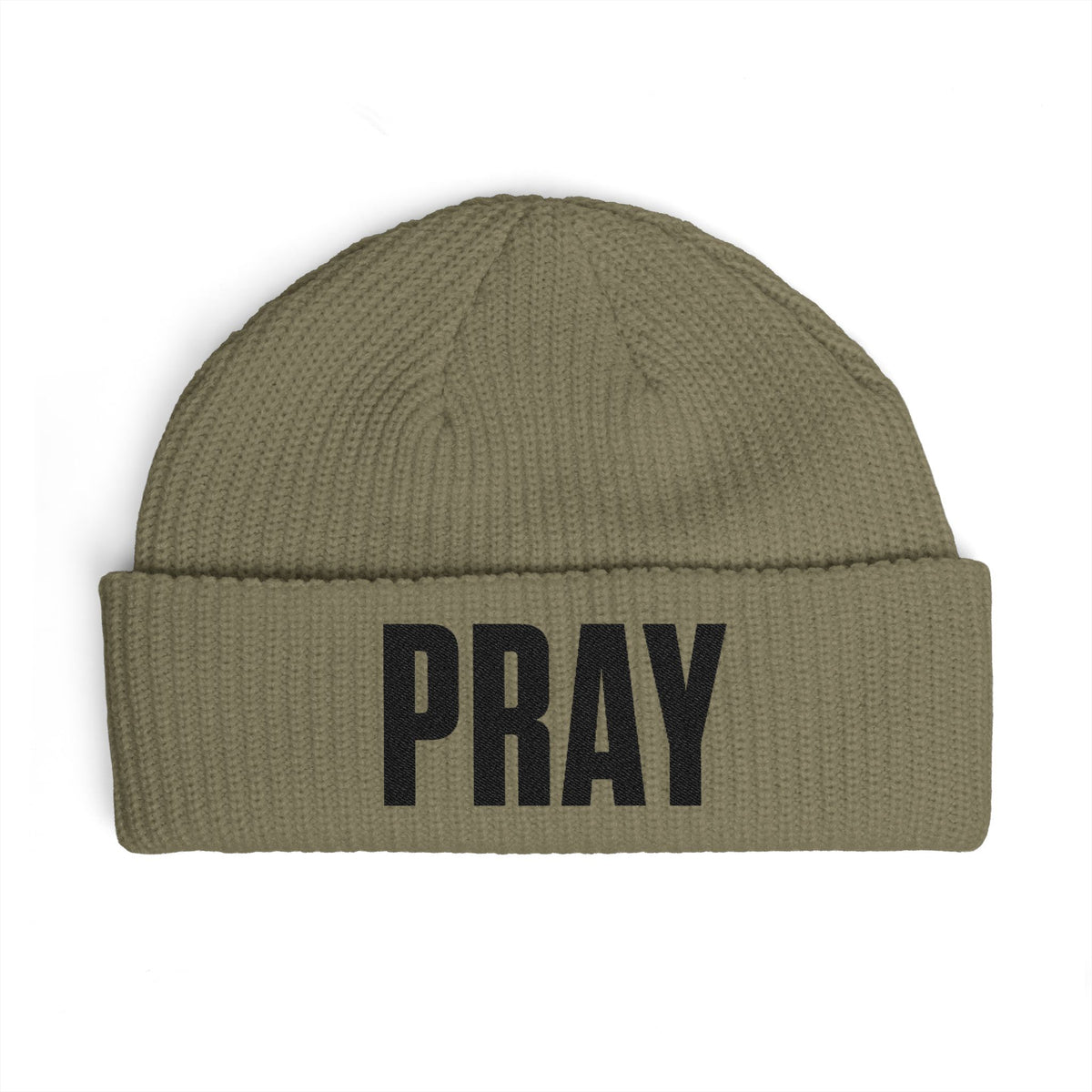PRAY Cuff Beanie — Knit Prayer Beanie Hat (Embroidered Text)