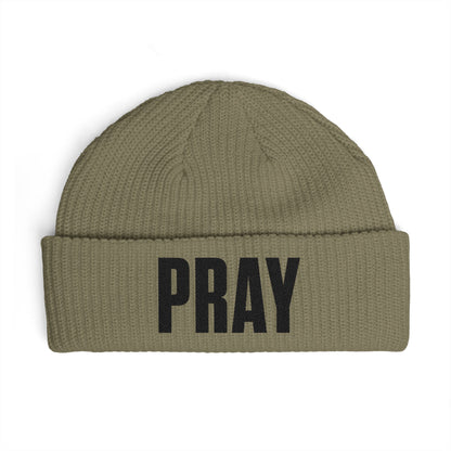 PRAY Cuff Beanie — Knit Prayer Beanie Hat (Embroidered Text)
