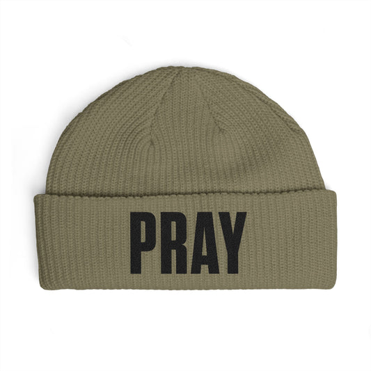 PRAY Cuff Beanie — Knit Prayer Beanie Hat (Embroidered Text)