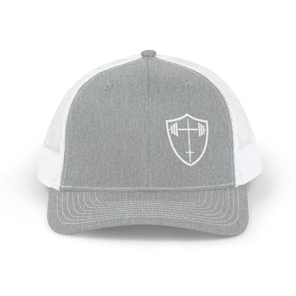 Bible & Barbell Shield & Cross Logo Trucker Cap — Christian Faith Snapback Hat