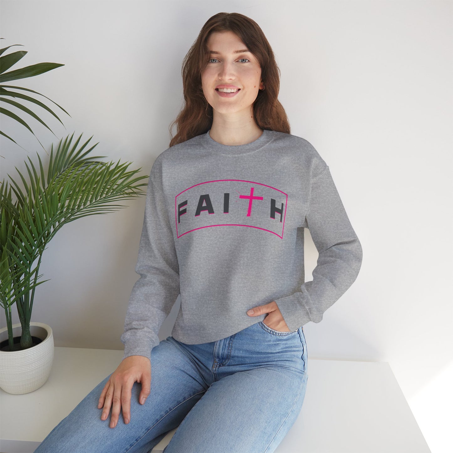 Faith Crewneck Sweatshirt — Pink Cross Graphic Christian Pullover