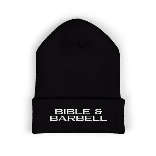 Bible & Barbell Embroidered Beanie — Faith & Fitness Cuffed Knit Hat