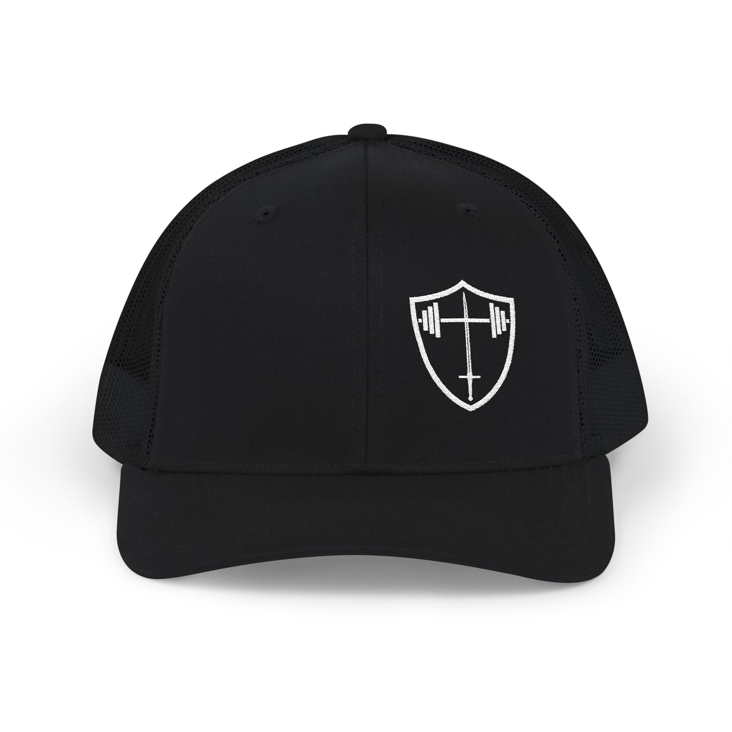 Bible & Barbell Shield & Cross Logo Trucker Cap — Christian Faith Snapback Hat