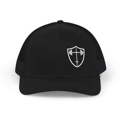 Bible & Barbell Shield & Cross Logo Trucker Cap — Christian Faith Snapback Hat