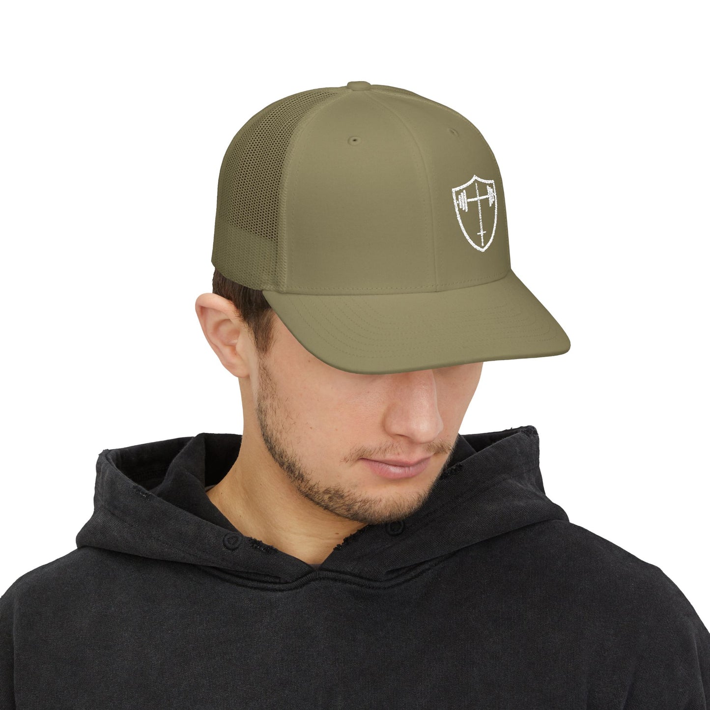 Bible & Barbell Shield & Cross Logo Trucker Cap — Christian Faith Snapback Hat