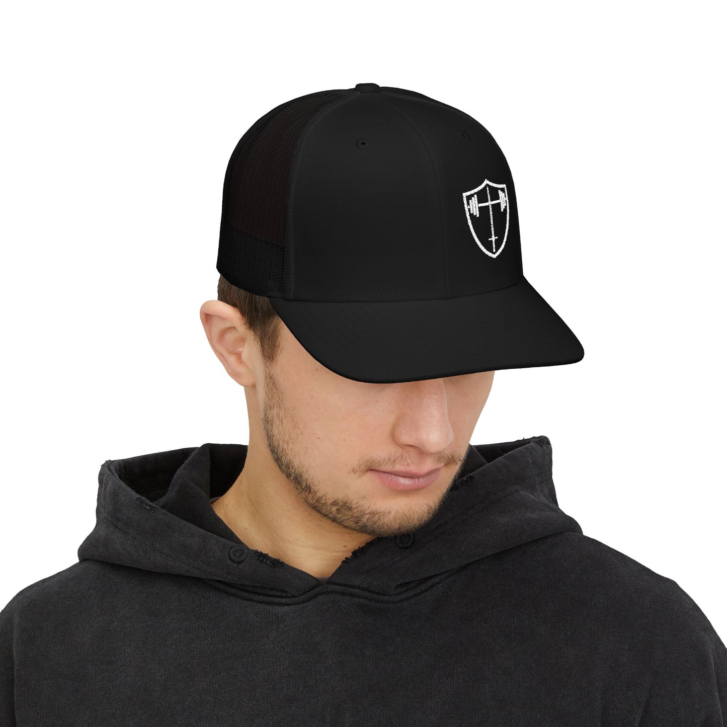 Bible & Barbell Shield & Cross Logo Trucker Cap — Christian Faith Snapback Hat