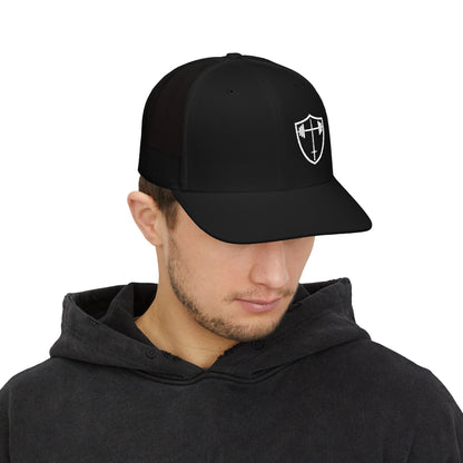 Bible & Barbell Shield & Cross Logo Trucker Cap — Christian Faith Snapback Hat