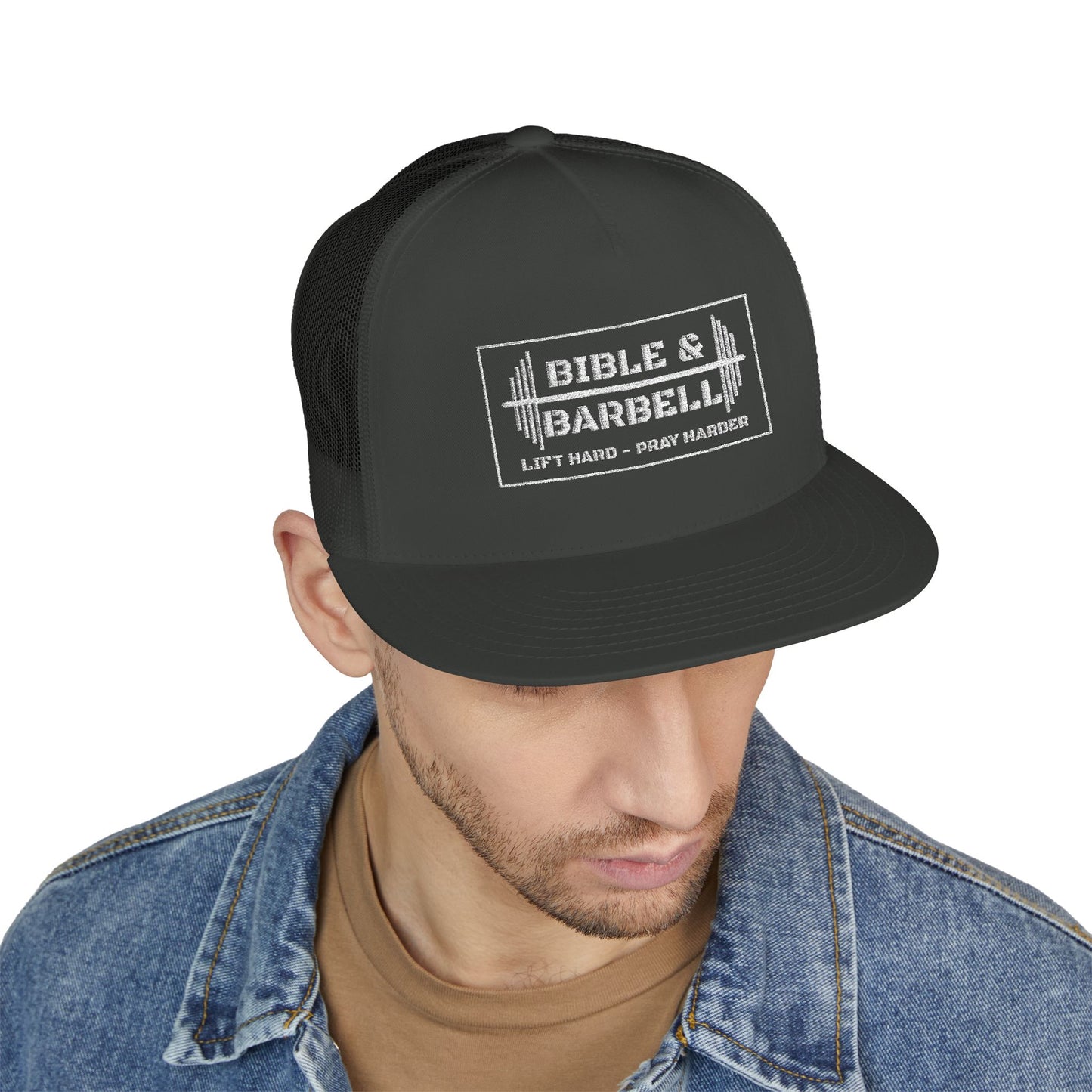 Bible & Barbell White Boxed Logo 5 Panel Trucker Cap