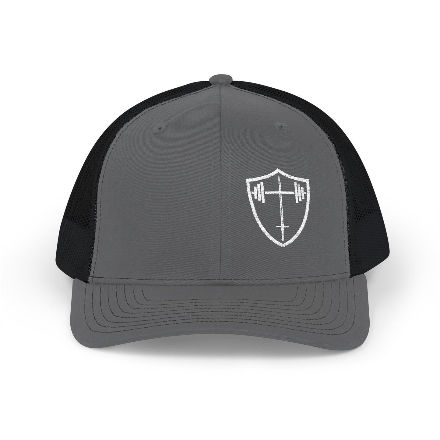 Bible & Barbell Shield & Cross Logo Trucker Cap — Christian Faith Snapback Hat