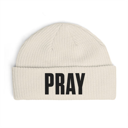 PRAY Cuff Beanie — Knit Prayer Beanie Hat (Embroidered Text)