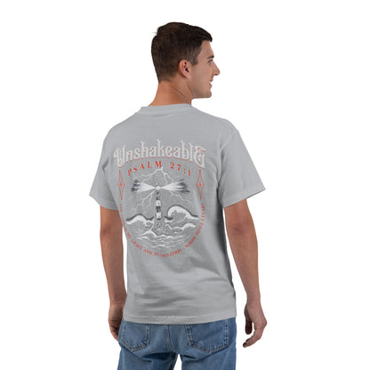Unshakeable Psalm 27:1 Lighthouse T-Shirt — Christian Faith Graphic Tee