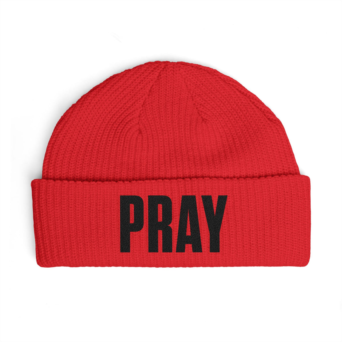 PRAY Cuff Beanie — Knit Prayer Beanie Hat (Embroidered Text)