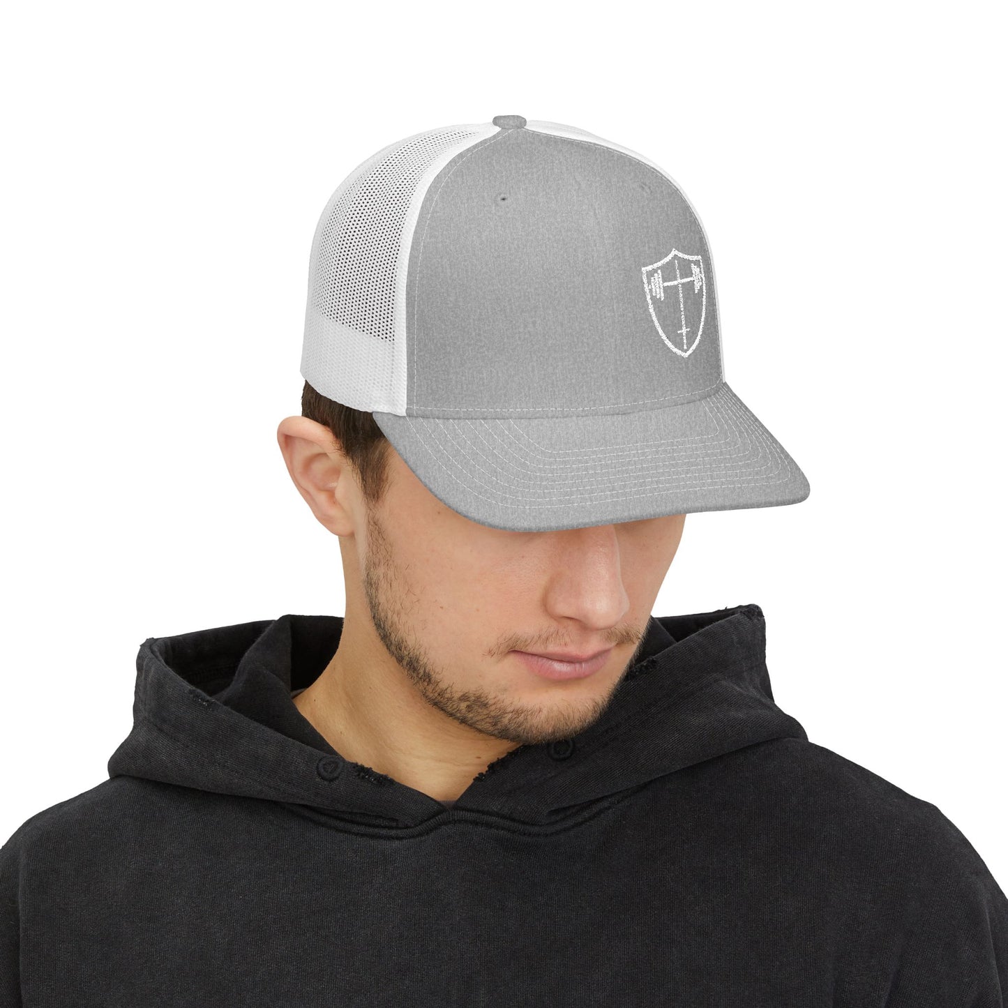 Bible & Barbell Shield & Cross Logo Trucker Cap — Christian Faith Snapback Hat