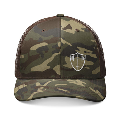 Bible & Barbell Logo Camouflage Trucker Hat — Embroidered Shield Logo Camouflage Cap