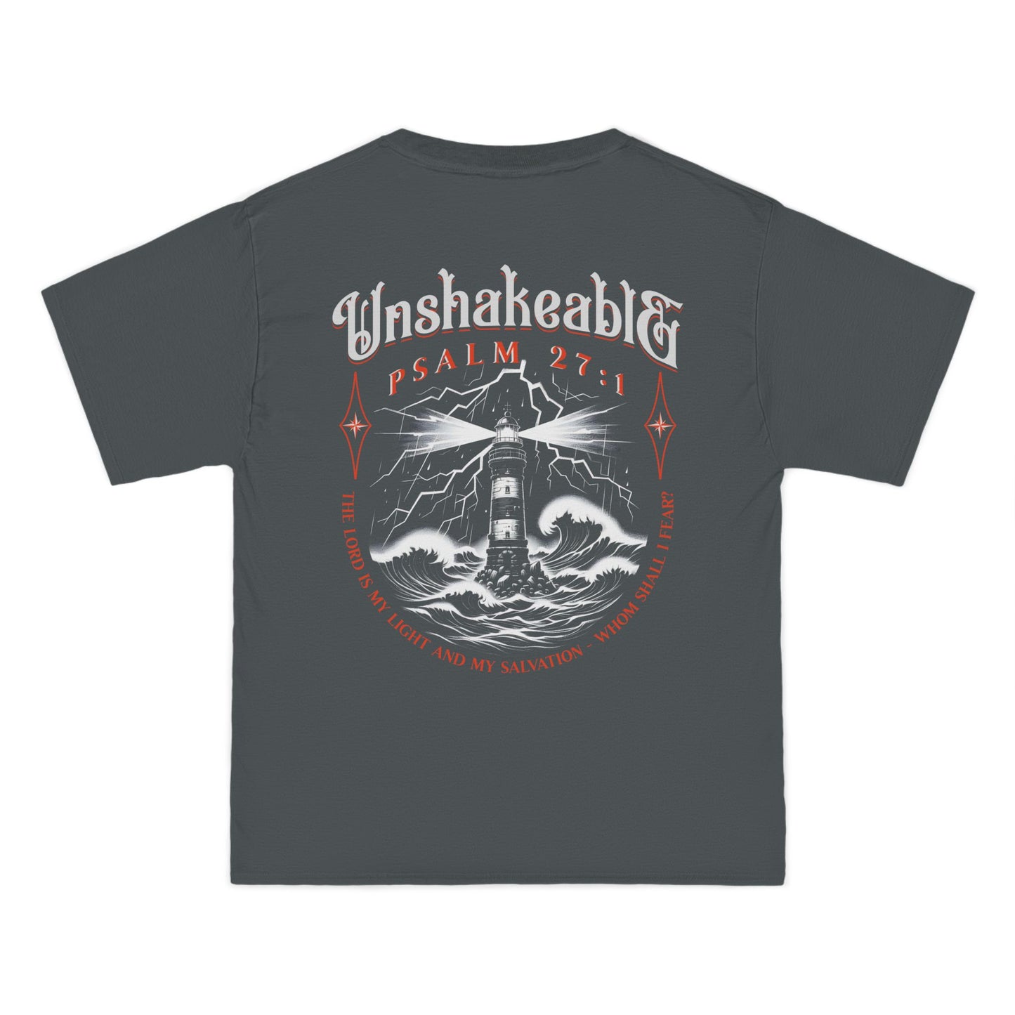 Unshakeable Psalm 27:1 Lighthouse T-Shirt — Christian Faith Graphic Tee