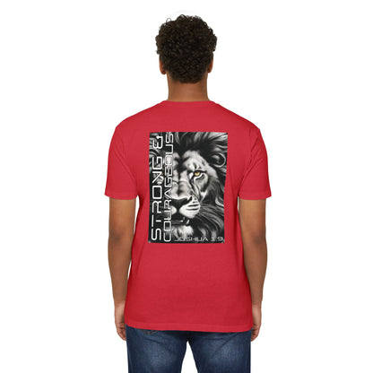 Strong & Courageous Lion Graphic T-Shirt, Joshua 1:9 Motivational Tee, Unisex Shirt, Strength Apparel, Gift for Him, Faith-Based Clothing