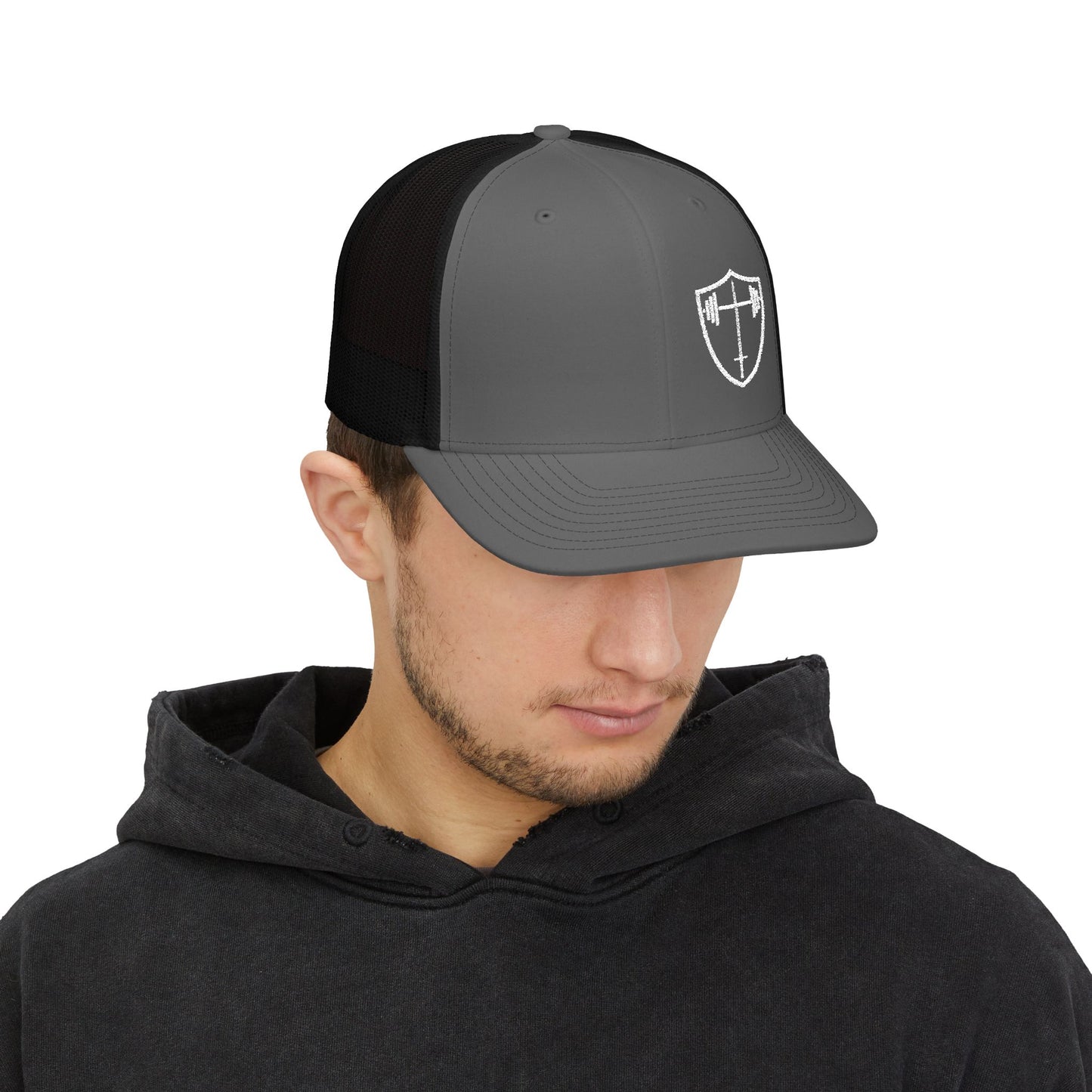 Bible & Barbell Shield & Cross Logo Trucker Cap — Christian Faith Snapback Hat