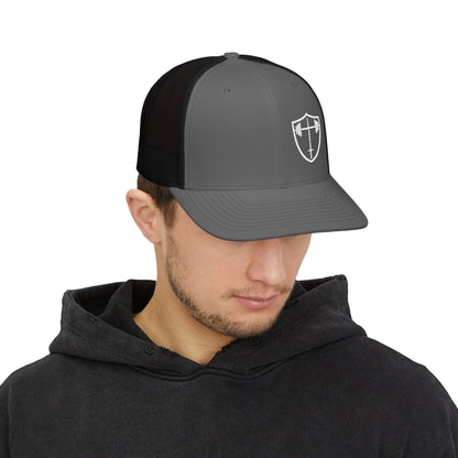 Bible & Barbell Shield & Cross Logo Trucker Cap — Christian Faith Snapback Hat