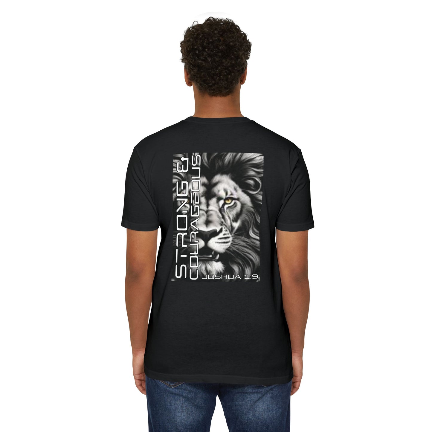 Strong & Courageous Lion Graphic T-Shirt, Joshua 1:9 Motivational Tee, Unisex Shirt, Strength Apparel, Gift for Him, Faith-Based Clothing