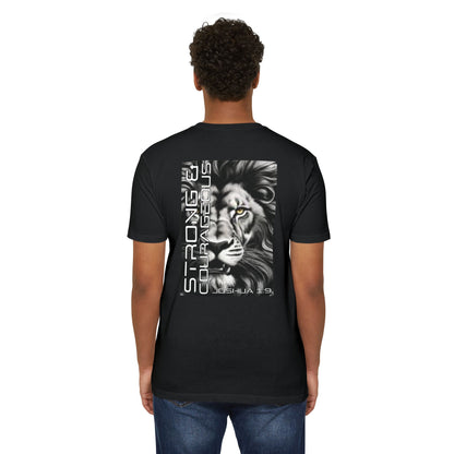 Strong & Courageous Lion Graphic T-Shirt, Joshua 1:9 Motivational Tee, Unisex Shirt, Strength Apparel, Gift for Him, Faith-Based Clothing