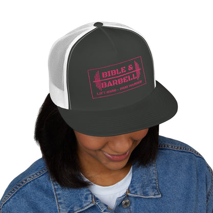 Bible & Barbell Pink Boxed Logo 5 Panel Trucker Cap