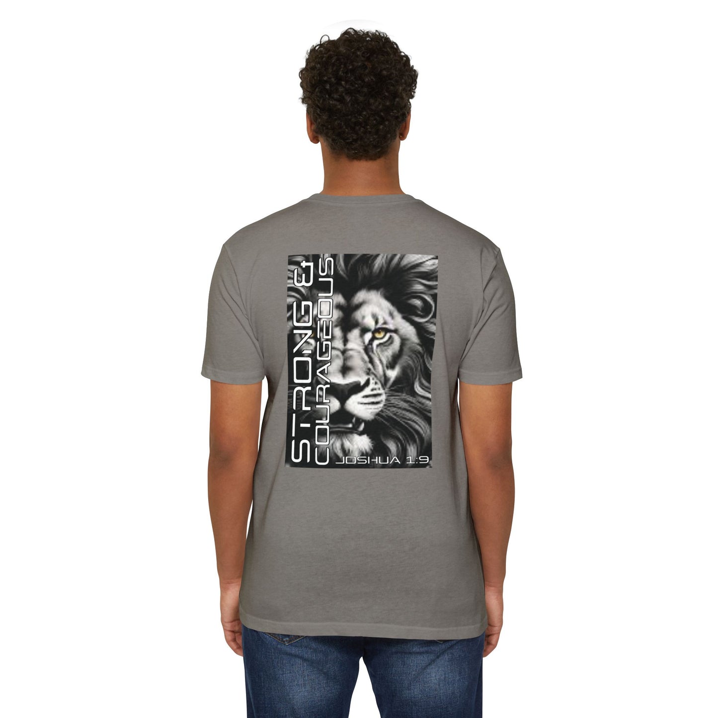 Strong & Courageous Lion Graphic T-Shirt, Joshua 1:9 Motivational Tee, Unisex Shirt, Strength Apparel, Gift for Him, Faith-Based Clothing