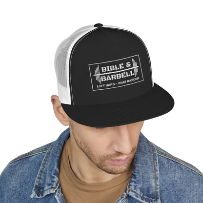 Bible & Barbell White Boxed Logo 5 Panel Trucker Cap