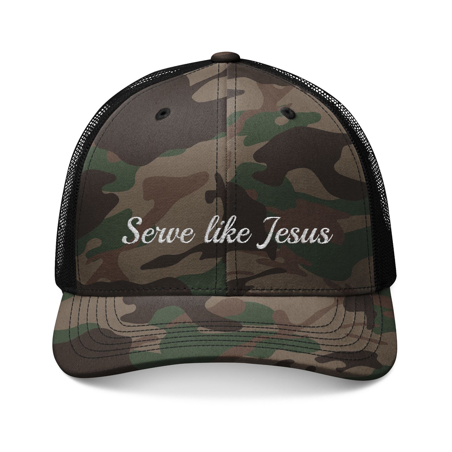 Camouflage Trucker Hat — "Serve like Jesus" Embroidered Christian Cap