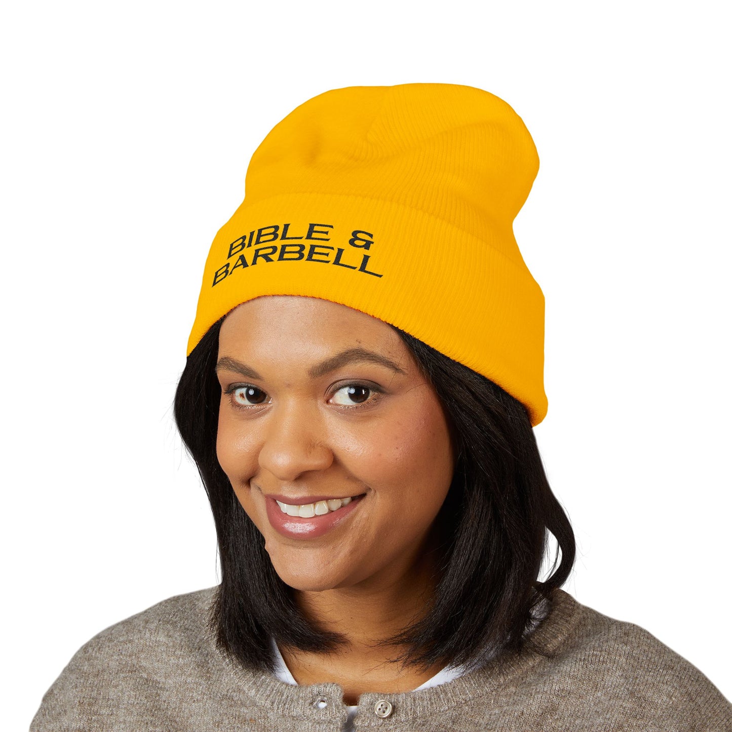 Bible & Barbell Cuffed Beanie — Embroidered Christian Fitness Knit Hat