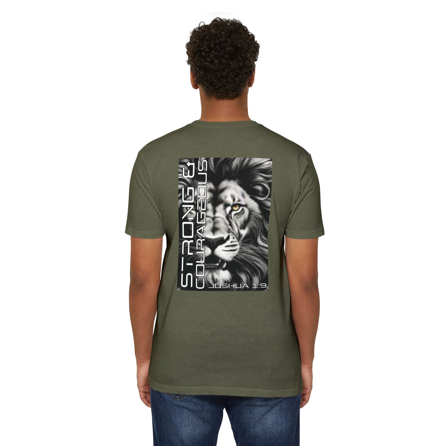 Strong & Courageous Lion Graphic T-Shirt, Joshua 1:9 Motivational Tee, Unisex Shirt, Strength Apparel, Gift for Him, Faith-Based Clothing