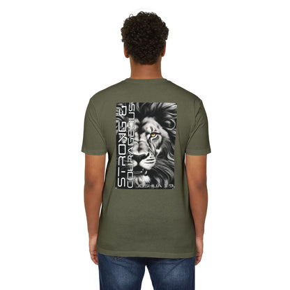 Strong & Courageous Lion Graphic T-Shirt, Joshua 1:9 Motivational Tee, Unisex Shirt, Strength Apparel, Gift for Him, Faith-Based Clothing