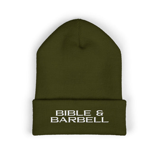 Bible & Barbell Embroidered Beanie — Faith & Fitness Cuffed Knit Hat