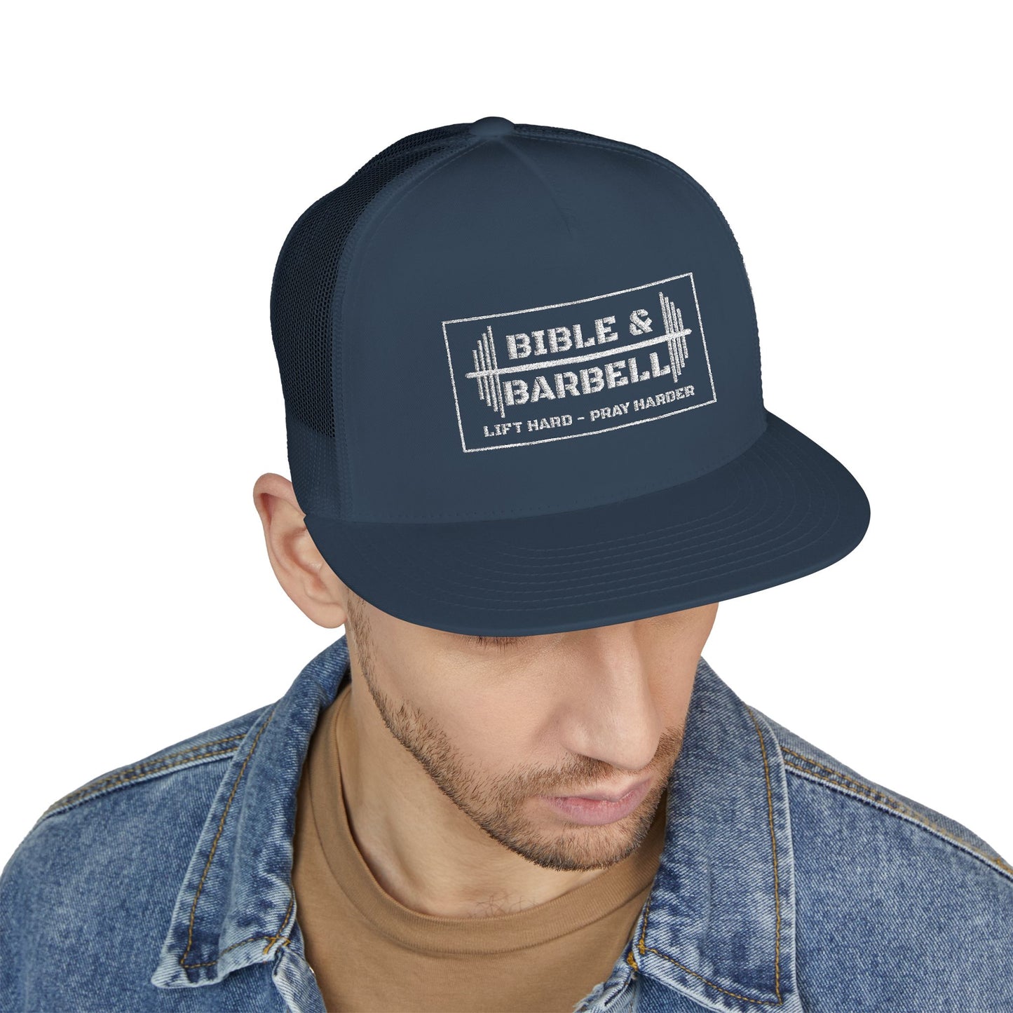 Bible & Barbell White Boxed Logo 5 Panel Trucker Cap