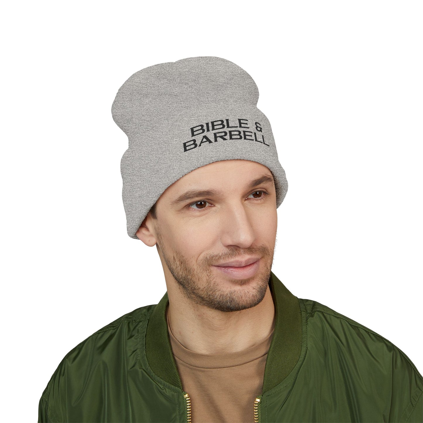 Bible & Barbell Cuffed Beanie — Embroidered Christian Fitness Knit Hat