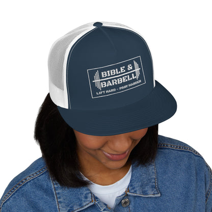 Bible & Barbell White Boxed Logo 5 Panel Trucker Cap
